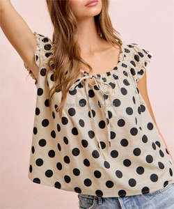 Blusa <span class=keywords><strong>de</strong></span> lunares para mujer Lushwin, manga corta con volantes, cuello fruncido, estilo casual, con lazo frontal, holgada, estilo swing, para verano - Product Image 5