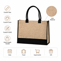 Sac fourre-tout en jute multi-usage noir avec patch, écologique, réutilisable, sac à bandoulière personnalisable avec lettres, taille ajustable pour le travail, les courses et les voyages