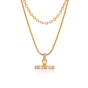 J&amp;D Original Design Classic Layered <strong>T</strong> <strong>Bar</strong> 18K Gold Stainless Steel Rhinestone <strong>T</strong> <strong>Bar</strong> Snake Chain Stackable Multi Layer <strong>Necklace</strong> - Product Image 1