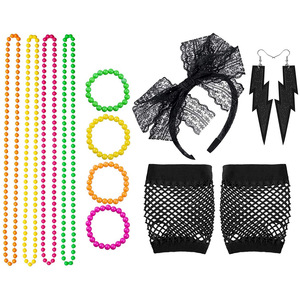 Conjunto de accesorios de disfraz para mujer de los años 80: collar de cuentas de neón, pulsera, diadema de encaje, pendientes de rayo y guantes de rejilla para fiesta de graduación - Product Image 5