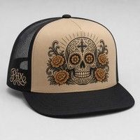 Casquette Trucker Vintage à 5 Panneaux avec Impression High Crown, Visière en Mousse et Dos en Maille, Style West Coast Chicano Streetwear Urbain, Vente en Gros