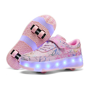 Childrens Roller Shoes Light Up With Wheels For Kids Size 29-41 TPU Outsole Pu Lining Double Row Wheel - Product Image 1