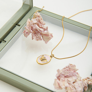 Butterfly <b>Bow</b> Geometric Pendant Necklace Stainless Steel Light Pink Inlay Bezel Setting <b>Gift</b> Jewelry - Product Image 2