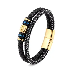 Fabriek Directe Verkoop Mode Sieraden Custom Zwart Roestvrij Staal Armband Voor Mannen Lederen Armband