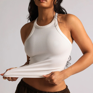 Débardeur côtelé pour <span class=keywords><strong>femme</strong></span> 96% Coton 4% Élasthanne, col montant, dos croisé ouvert, <span class=keywords><strong>sans</strong></span> manches, simple doublure, respirant, idéal pour l'été - Product Image 1