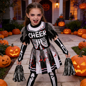 Disfraz de Halloween para Niñas, Disfraz de <span class=keywords><strong>Animadora</strong></span> Zombi, Estampado de Huesos de Esqueleto y Sangre, con Pompones para Niñas - Product Image 6