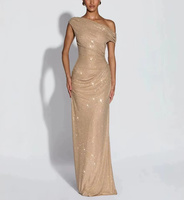 Robe longue sirène élégante à sequins et strass, asymétrique à une épaule, avec détails drapés, vente en gros, directement de l'usine de vêtements