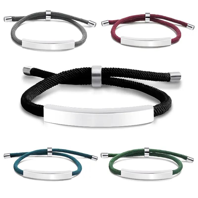 Custom Logo Engraved Stainless Steel Bar Friendship Bracelet Adjustable Braided Rope Blank Bracelet For Engraving