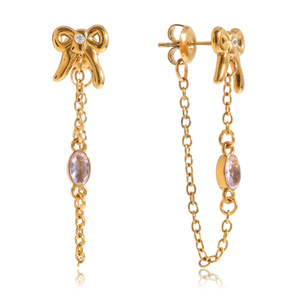 ต่างหูห้อยรูปโบว์สแตนเลสสตีลเคลือบทอง 18K ประดับมุกน้ำจืดและคริสตัลทรงพู่ สำหรับผู้หญิงใส่ได้ทุกวัน - Product Image 5