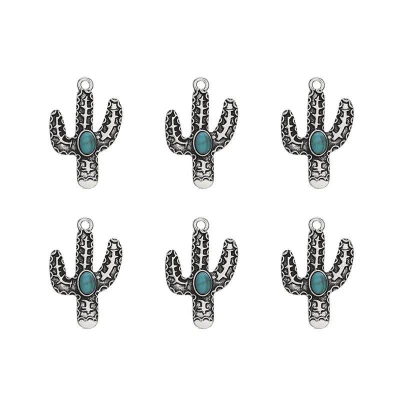 Antique Silver plated western Jewelry Cactus Turquoise charm pendant for necklace earrings making
