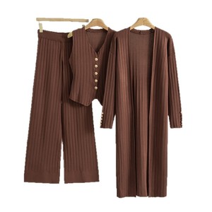 Women Knitted <b>Sweater</b> Set V-Neck <b>Sleeveless</b> Vest Long Cardigan Wide Leg Pants Autumn Spring Casual Outfit - Product Image 5