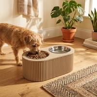 Geripptes MDF Erhöhtes Doppel-Futterschüssel-Set in 3 Größen mit Edelstahlschüsseln Ergonomische Fütterungsstation für Hunde und Katzen