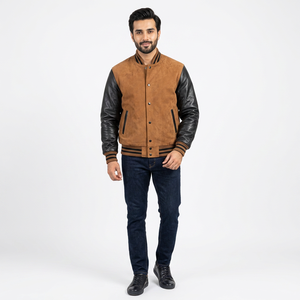 Blouson universitaire gris clair à manches contrastantes pour homme et femme, décontracté, à capuche, boutons recouverts, imperméable, respirant, tricoté, col montant, logo personnalisé, chaud - Product Image 1