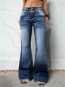 Women's Summer Casual Medium Wash Double <strong>Button</strong> High Waist Wing <strong>Cross</strong> Embroidery Back Pocket Flare Leg Stretch Denim <strong>Jeans</strong> - Product Image 6