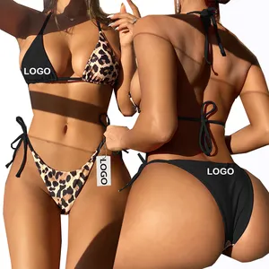 Custom Bikini set Logo tie up two piece sexy halter leopard color block swimwear Women's Bra Brief Sets G String Bikinis