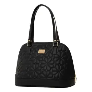 Sac fourre-tout matelassé en cuir véritable pour femme Fana Aubrey M3757 Noir avec doubles poignées et fermeture éclair, style décontracté et minimaliste - Product Image 1