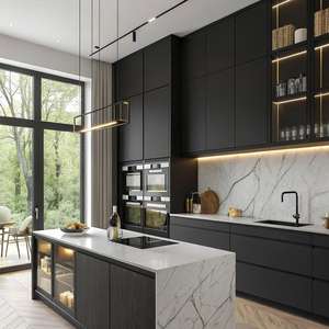 ชุดตู้ครัวสีดำทันสมัยไม้ไม้อัดบอร์ดเมลามีนเฟอร์นิเจอร์แบบแยกส่วนตู้ครัวสำหรับผู้สร้างวิลล่า - Product Image 2