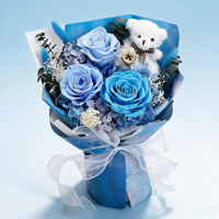 Bouquet de roses bleues préservées avec ours en peluche, fleurs séchées éternelles, vente en gros, Saint-Valentin, anniversaire, décoration de la maison, cadeau