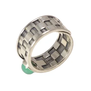 Vintage 925 Sterling Silver Natural Jade Stone Ring Adjustable Size 6-10 Women Men Braided Pattern Fine Jewellery
