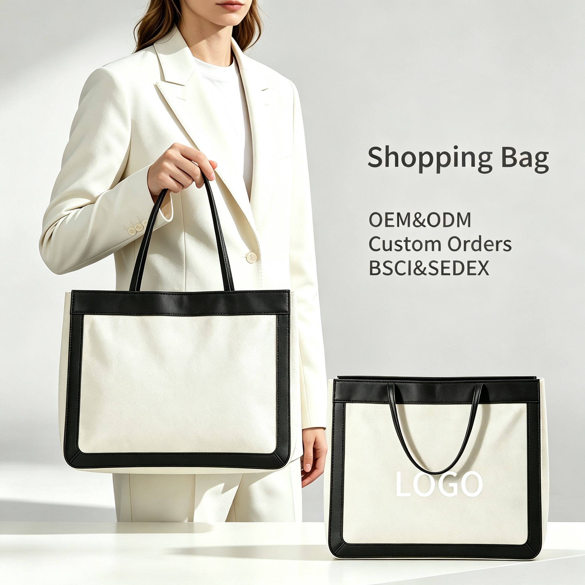 Canvas Cotton Daily Tote with Leather Trim