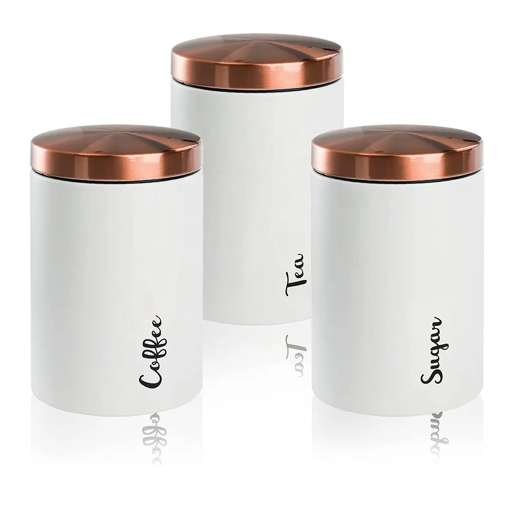 Conjunto de pintura branca para cozinha, conjunto de 3 peças de canister para café do chá com tampa de aço inoxidável