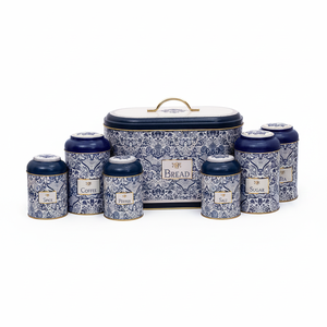 7 Pcs Round Tin <b>Box</b> Kitchen Set Dome <b>Lid</b> Azulejo-Inspired Blue & White <b>Decorative</b> Pattern Azulejos Design - Product Image 2