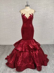 LY-PD0220 Formal <strong>Red</strong> <strong>Sequin</strong> Mermaid V-neck Off-Shoulder Sleeveless Floor-Length Sweep Train Modern Party Gown 100% Polyester - Product Image 5