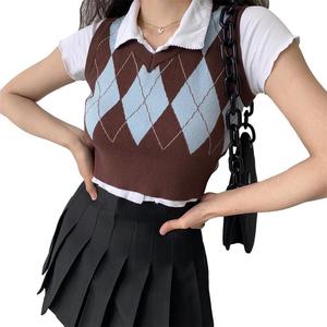 Vintage <span class=keywords><strong>Plaid</strong></span> Chandail Gilet Femmes V-cou Sans Manches Réservoir Collège Style À Tricoter Pulls Tops pour Tous Les Jours - Product Image 4