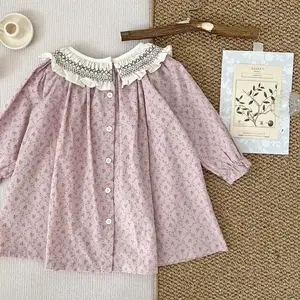 Cutemily Girls Clothing Wholesale Smocked Dress Floral Dress Ruffles Kids Princess Dress For Baby Girl Children