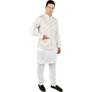 Triloki Ikkat 3-In-1 Set <b>Men's</b> Ethnic Indian Traditional <b>Kurta</b> <b>Pajama</b> & Waistcoat 100% Cotton Washable Diwali Puja Groom Wear - Product Image 4