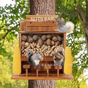 Comedero de Madera para Ardillas, Caja de Almacenamiento de Nueces para Exteriores con Casa de Observación, Estación de Alimentación para Animales Salvajes, Color Quemado - Product Image 1