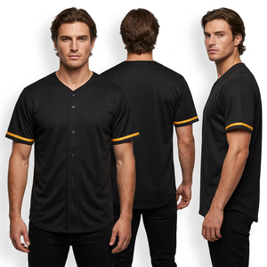 Maillot de baseball noir pour homme, manches courtes, col en V, boutons sur le devant, tissu respirant en polyester, coupe classique, vêtements pour toutes les saisons - Product Image 4