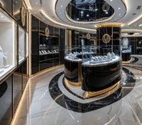 Vitrine de présentation de bijoux de luxe noire et dorée, vitrine en verre haut de gamme pour la vente de bijoux haut de gamme