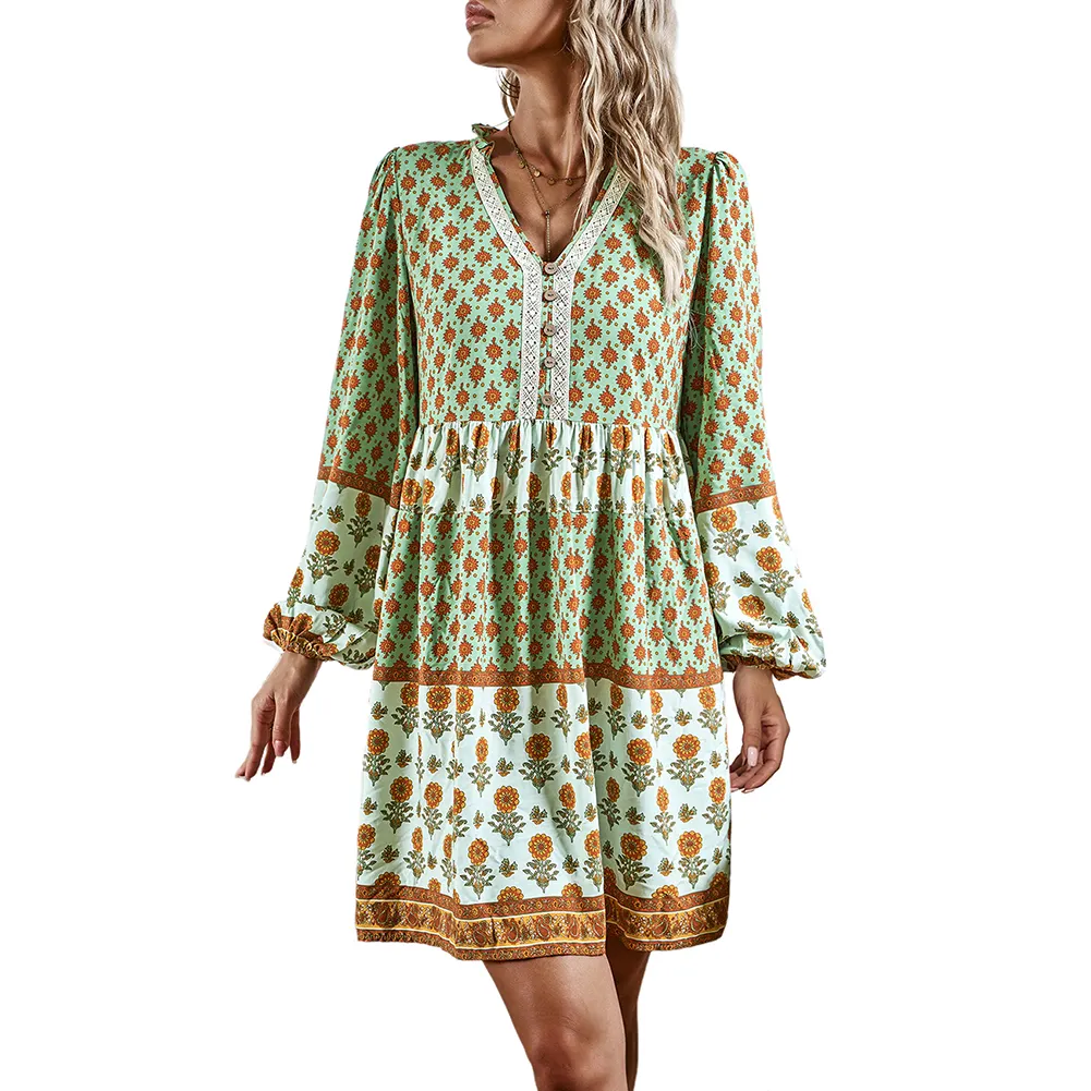 Mulheres Moda Verão V-neck Imprimir Boho Casual Bohemian Style Dress