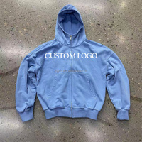 Vente en gros : Sweat à capuche zippé oversize à épaules tombantes en molleton bouclette, délavé à l'acide, vierge, personnalisable avec logo imprimé