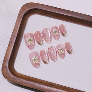 Lot de 10 faux ongles 3D fleuris printemps-été, faits main, en acrylique, à presser, taille moyenne, couvrance totale, avec colle – Vente en gros - Product Image 2