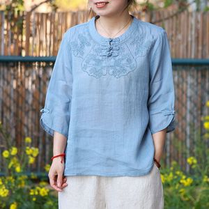 Traditional Chinese Women's Blue Embroidered Linen Top With Chinese Buttons Summer T-Shirt - Product Image 1