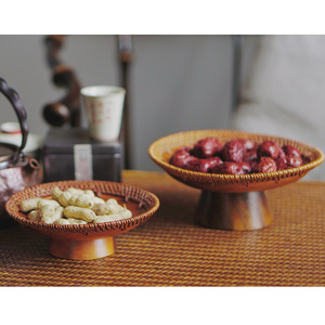 Retro Rattan High-Legged Tea And Snack Plate Japanese Walnut Wood Fruit Tray <b>Bamboo</b> Woven Serving Tray For Home Use Handmade - Product Image 1