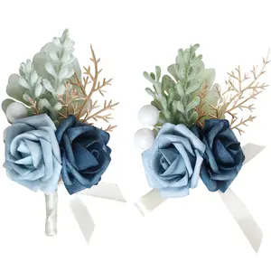 2023 Customized white blue artificial rose floral wrist fake flowers wedding prom wrist corsage