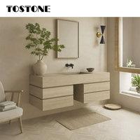 Meuble-lavabo mural Tostone de luxe en pierre calcaire beige, avec plateau cannelé, unité complète, style minimaliste, en marbre flottant et armoire en bois