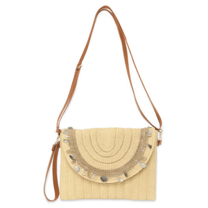 Bolso de Mano con Solapa y Cordones, Decorado con Conchas, Bolso Bandolera de Paja, 28x22cm - Product Image 1