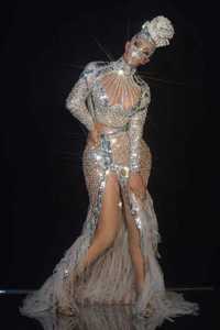 NOVANCE Y1944 Einzigartige Produkte in den neuesten Pailletten Fisch netz High Slit Fishtail Fransen Kleid Sexy Silber 2-teiliges Set Frauen Party - Product Image 3