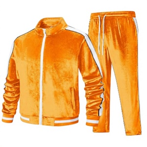 Ensemble de survêtement en velours orange, veste à col montant zippée et pantalon à rayures blanches, deux pièces - Product Image 1