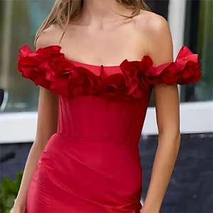 Moda personalizada empalme volante borde rojo elegante vestido de noche de graduación para las mujeres alto Split Sexy fuera del hombro vestido de noche - Product Image 2