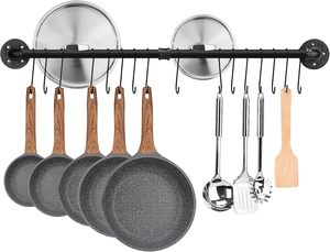 Support mural de cuisine en tuyau de fer avec crochets multiples pour rangement de casseroles, ustensiles et batterie de cuisine - Product Image 1