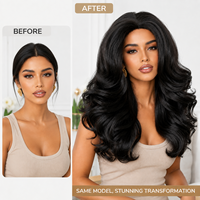 Perruque synthétique pour femme, noir jais, volume moyen, ondulations profondes, raie au milieu, résistante à la chaleur, avec racine des cheveux naturelle et ajustable