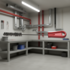 Brosse manuelle avec manche rouge pour le nettoyage des tuyaux, longueur 10 cm, poils en fil d'acier - Product Image 3