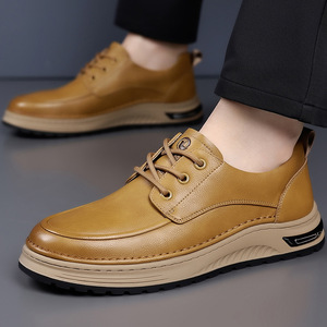 Chaussures décontractées en cuir pour hommes, bout rond, talon bas, respirantes, couleur unie, cuir de vache, doublure en maille, semelle extérieure en caoutchouc - Product Image 1