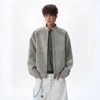 Blouson bomber pour homme en daim texturé, col montant, fermeture éclair intégrale, style décontracté, avec empiècements contrastants côtelés aux épaules
