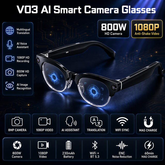 AI Smart Camera Glasses Dual 1080P Video Recording Real-time Translation PC Frame Wearable Eyewear OEM ODM